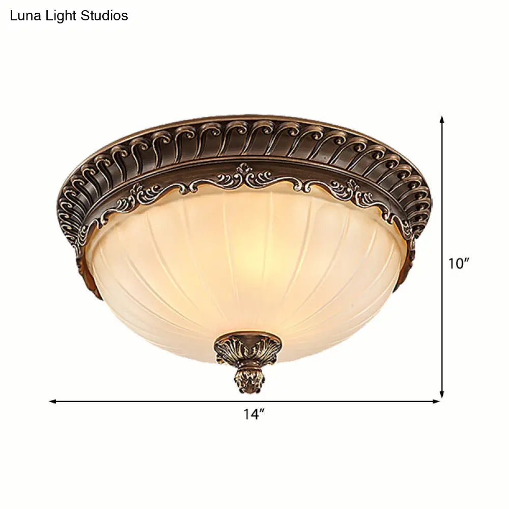 Traditional Bronze Flush Mount Ceiling Light Fixture With Frosted Glass Shade - 3 Lights