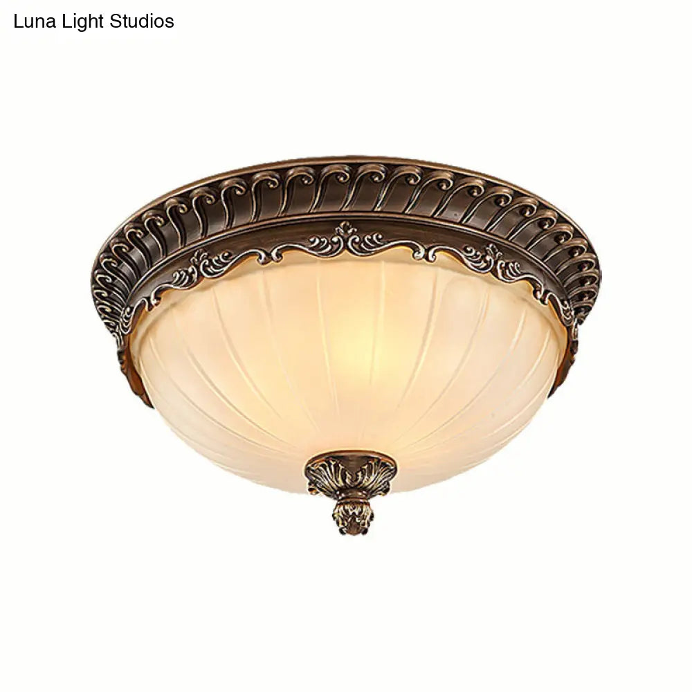 Traditional Bronze Flush Mount Ceiling Light Fixture With Frosted Glass Shade - 3 Lights