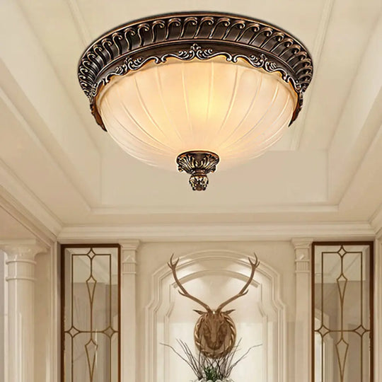 Traditional Bronze Flush Mount Ceiling Light Fixture With Frosted Glass Shade - 3 Lights