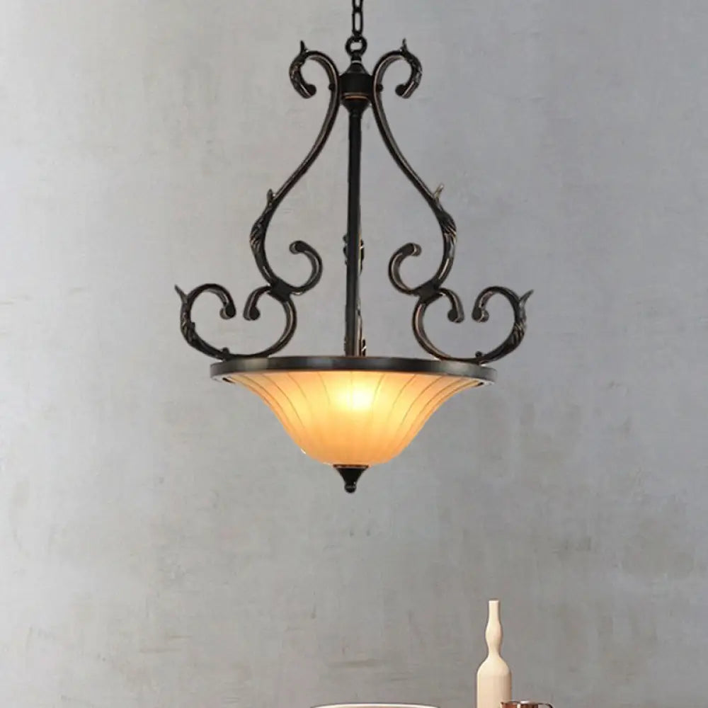 Traditional Bronze Inverted Bell Ceiling Lamp - Led Fluted Glass Pendant Lighting