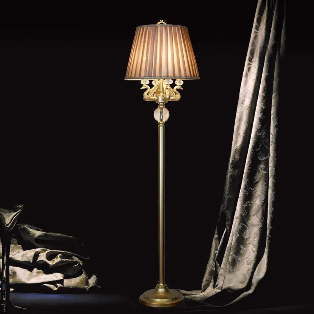 Traditional Bronze Metal Candle Floor Lamp With Swan Design And Pleated Fabric Shade - 4 Heads