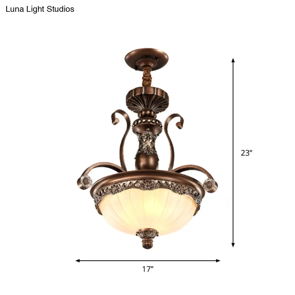 Traditional Bronze Pendant With Ribbed Glass Bowl Shade - 3-Light Down Lighting For Dining Room