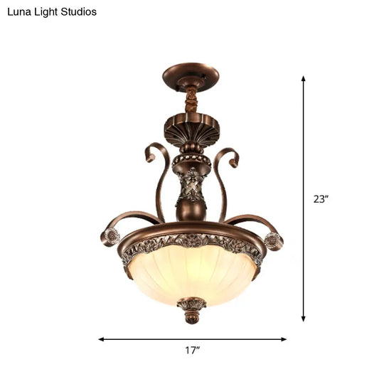 Traditional Bronze Pendant With Ribbed Glass Bowl Shade - 3-Light Down Lighting For Dining Room