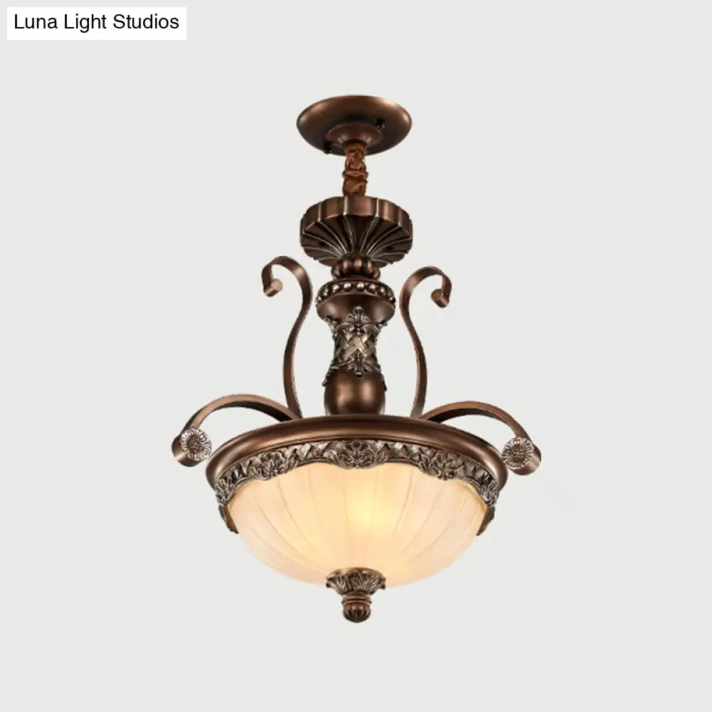 Traditional Bronze Pendant With Ribbed Glass Bowl Shade - 3-Light Down Lighting For Dining Room