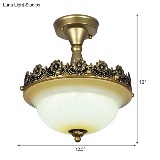 Traditional Bronze Semi Flush Ceiling Light With Frosted Glass Shade - 3 Lights For Corridors