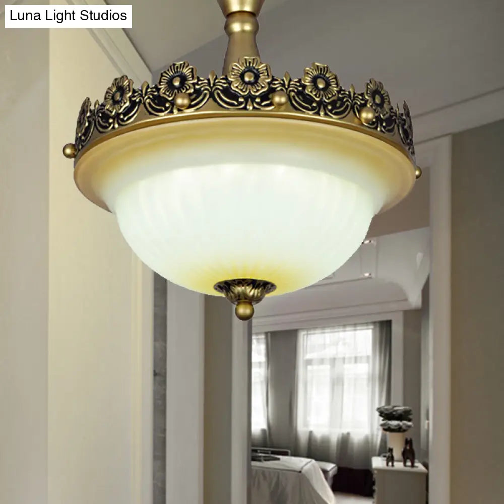 Traditional Bronze Semi Flush Ceiling Light With Frosted Glass Shade - 3 Lights For Corridors