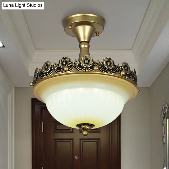 Traditional Bronze Semi Flush Ceiling Light With Frosted Glass Shade - 3 Lights For Corridors