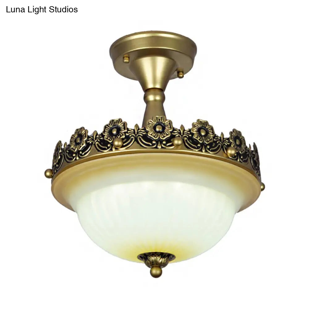 Traditional Bronze Semi Flush Ceiling Light With Frosted Glass Shade - 3 Lights For Corridors