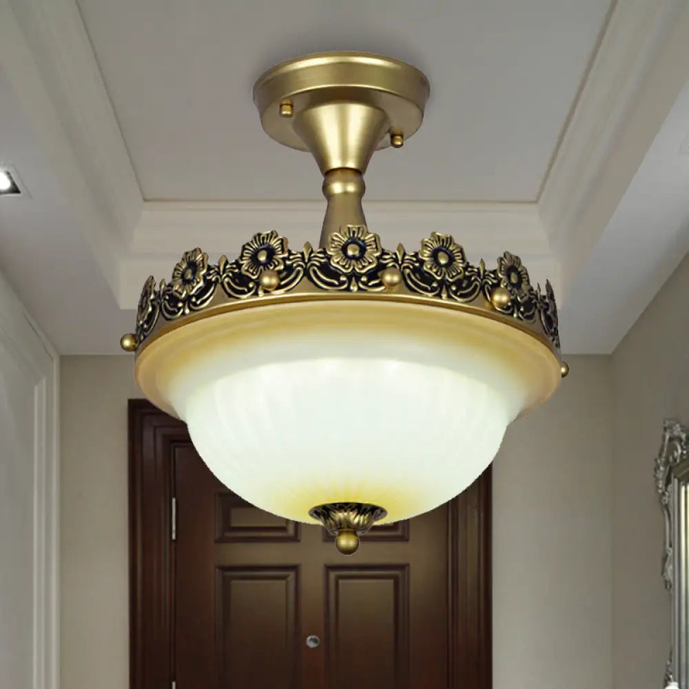 Traditional Bronze Semi Flush Ceiling Light With Frosted Glass Shade - 3 Lights For Corridors