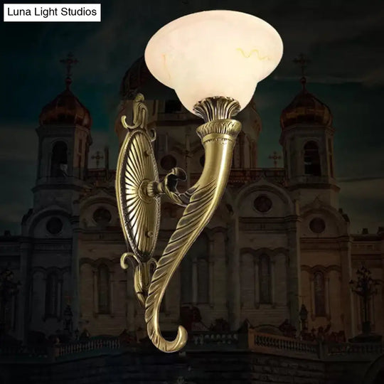 Traditional Bronze Wall Lamp With Scroll Arm Bell White Glass Shade - Kitchen Light Fixture