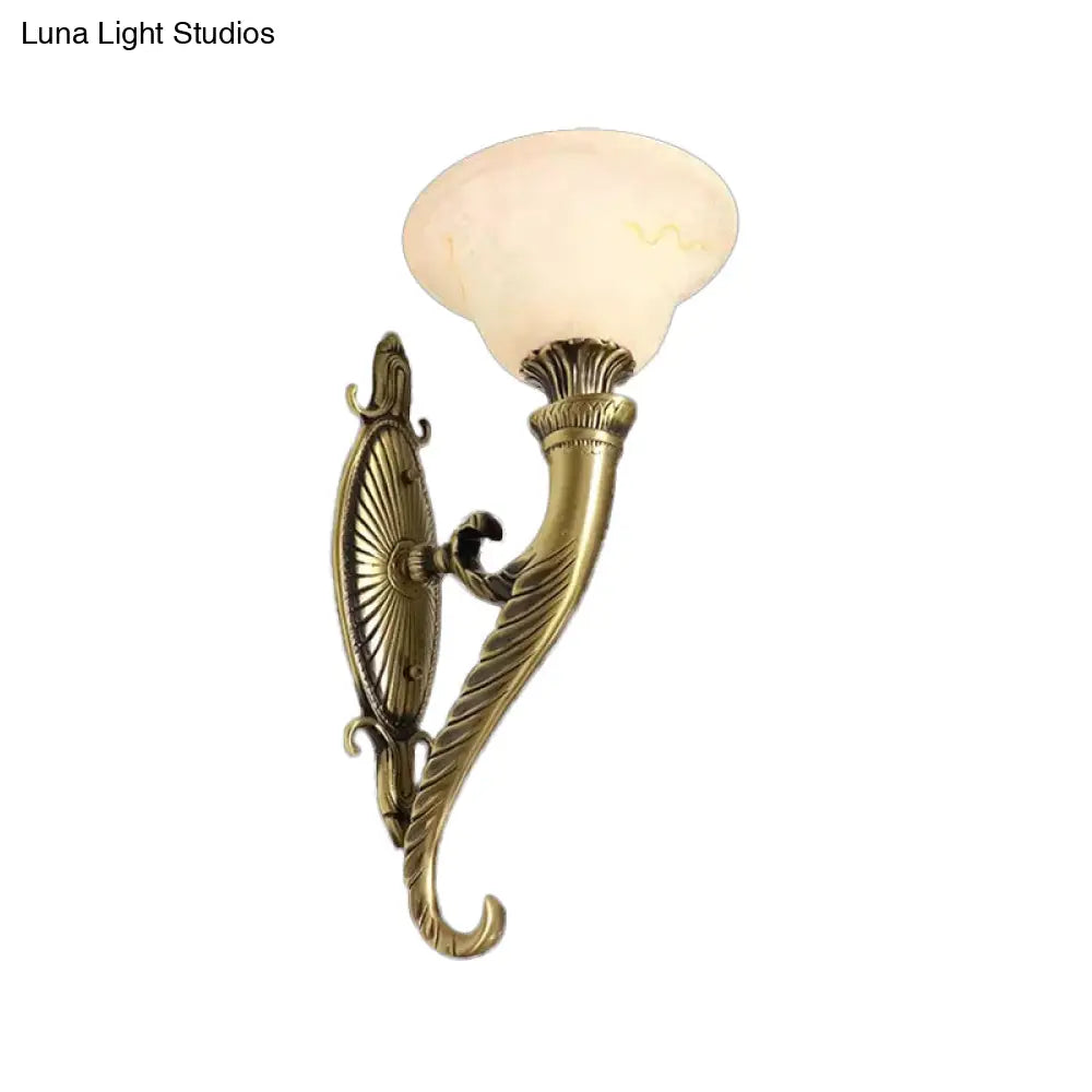 Traditional Bronze Wall Lamp With Scroll Arm Bell White Glass Shade - Kitchen Light Fixture