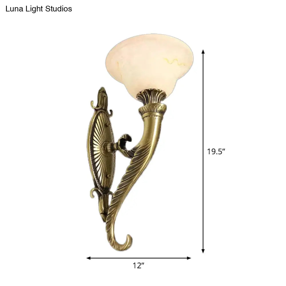 Traditional Bronze Wall Lamp With Scroll Arm Bell White Glass Shade - Kitchen Light Fixture