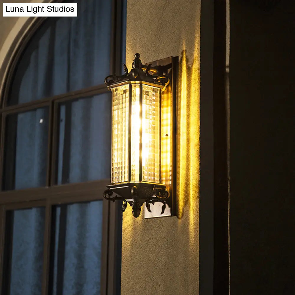 Traditional Bronze Wall Mount Light With Grid Glass And Single Bulb For Courtyard