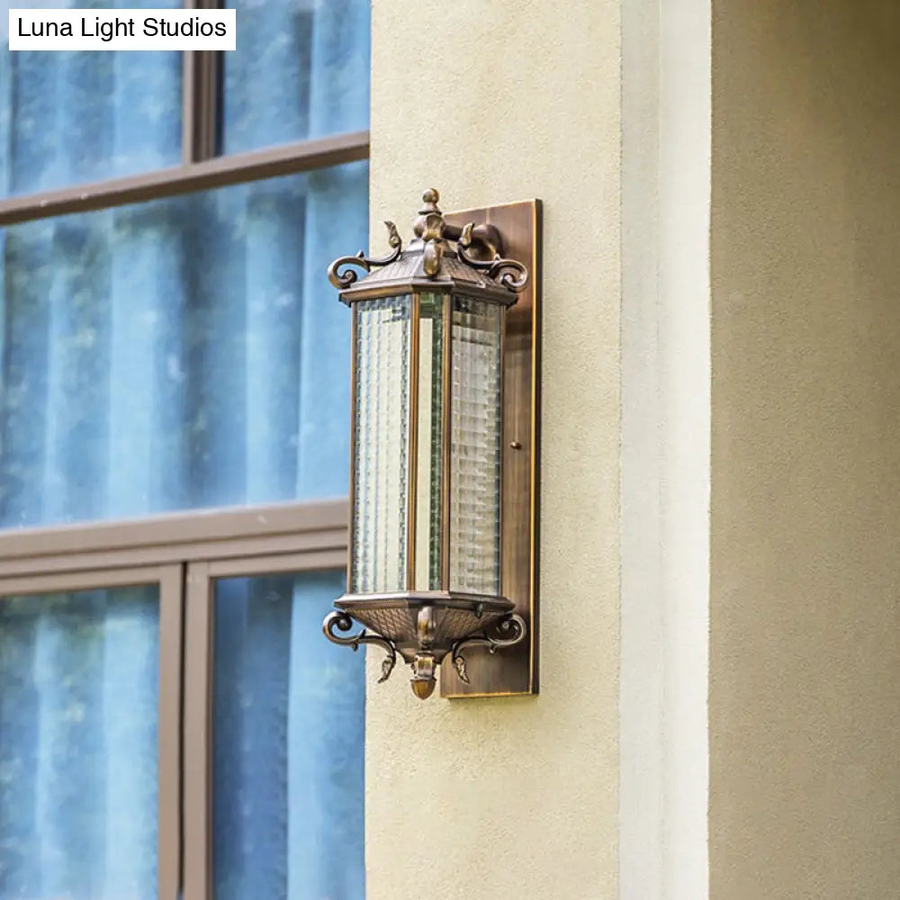 Traditional Bronze Wall Mount Light With Grid Glass And Single Bulb For Courtyard