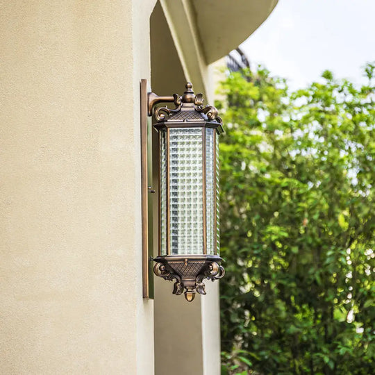 Traditional Bronze Wall Mount Light With Grid Glass And Single Bulb For Courtyard / 8.5