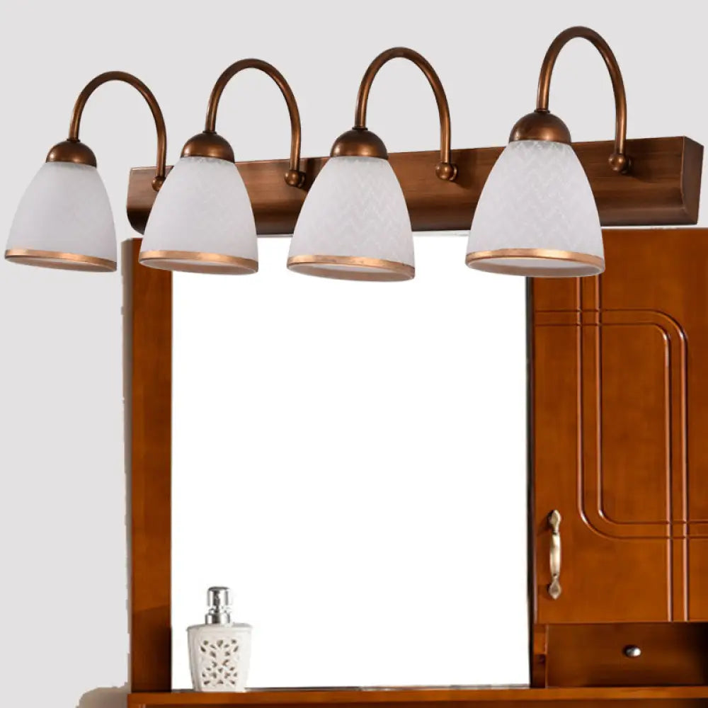 Traditional Brown 4-Head Vanity Lamp With White Print Glass And Bell Shaped Wall Mount 4 /