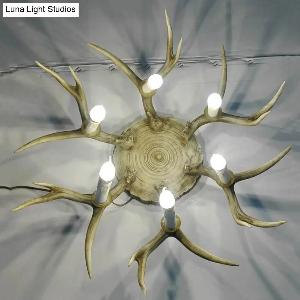 Traditional Brown Antler Dining Room Ceiling Light Fixture - 6/8 Head Resin Flush Mount Lighting