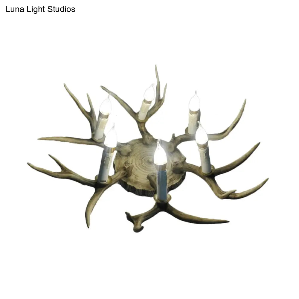 Traditional Brown Antler Dining Room Ceiling Light Fixture - 6/8 Head Resin Flush Mount Lighting