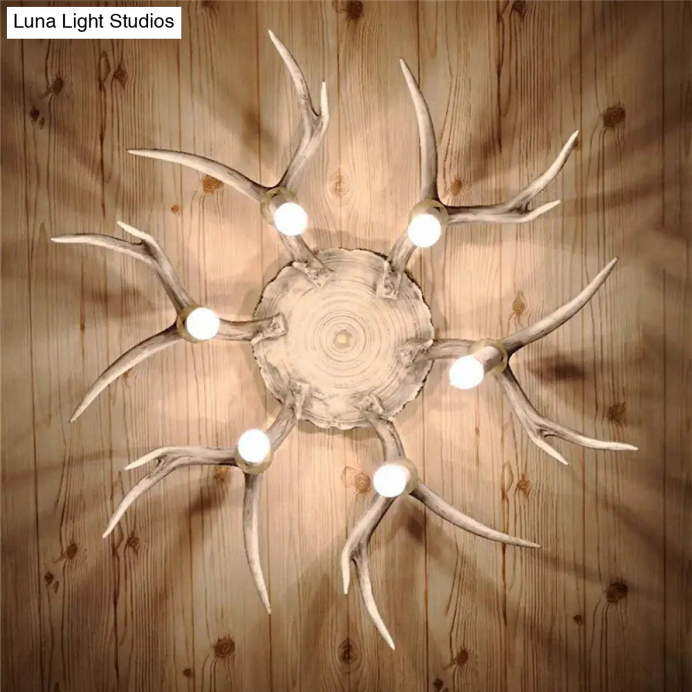 Traditional Brown Antler Dining Room Ceiling Light Fixture - 6/8 Head Resin Flush Mount Lighting