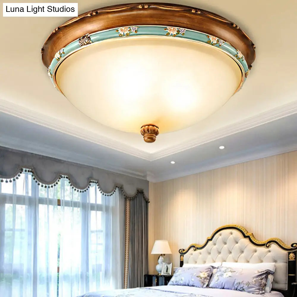 Traditional Brown Bowl Shaped Bedroom Ceiling Light Fixture - 3 Lights Frosted Glass