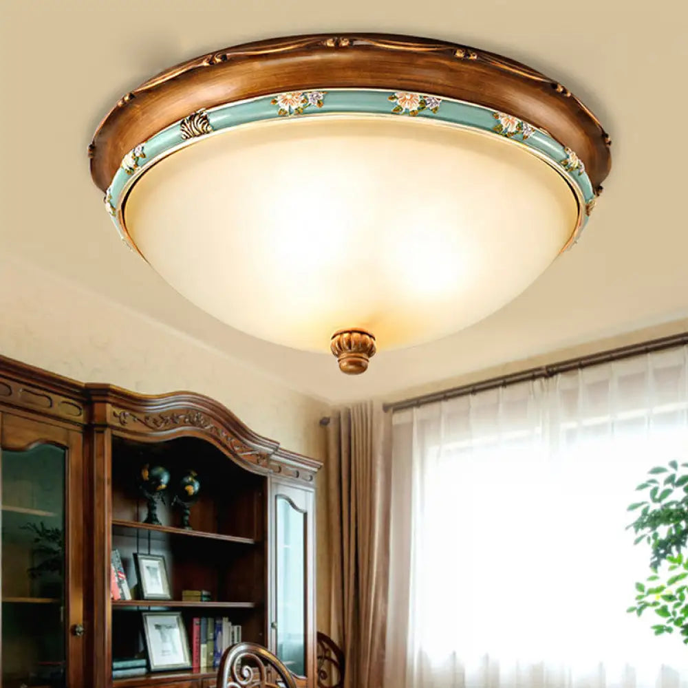 Traditional Brown Bowl Shaped Bedroom Ceiling Light Fixture - 3 Lights Frosted Glass