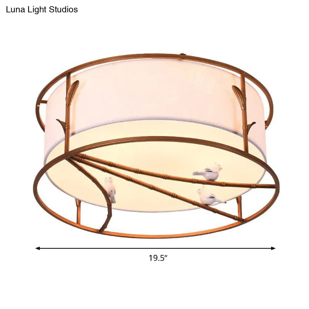 Traditional Brown Drum Ceiling Flush Lighting - Fabric Shade Multiple Sizes Heads Bedroom Mount Lamp