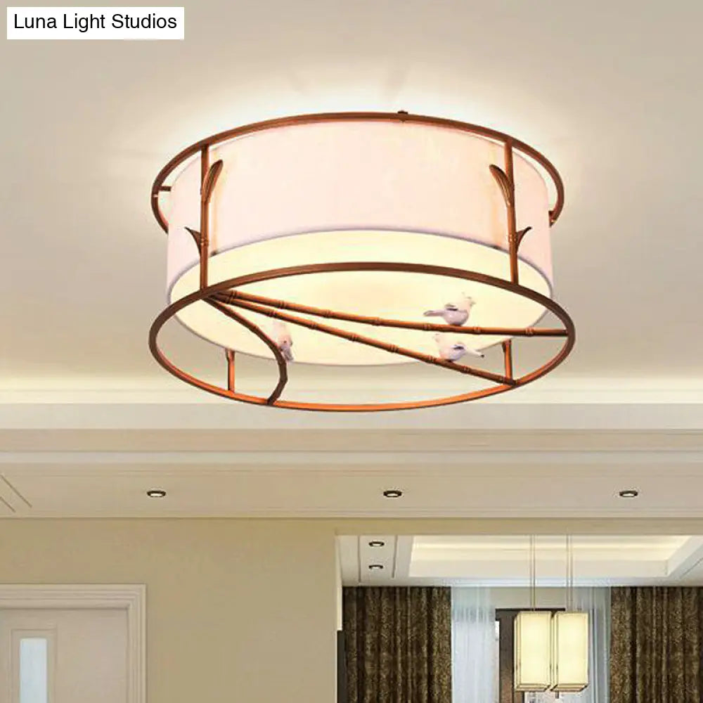Traditional Brown Drum Ceiling Flush Lighting - Fabric Shade Multiple Sizes Heads Bedroom Mount Lamp