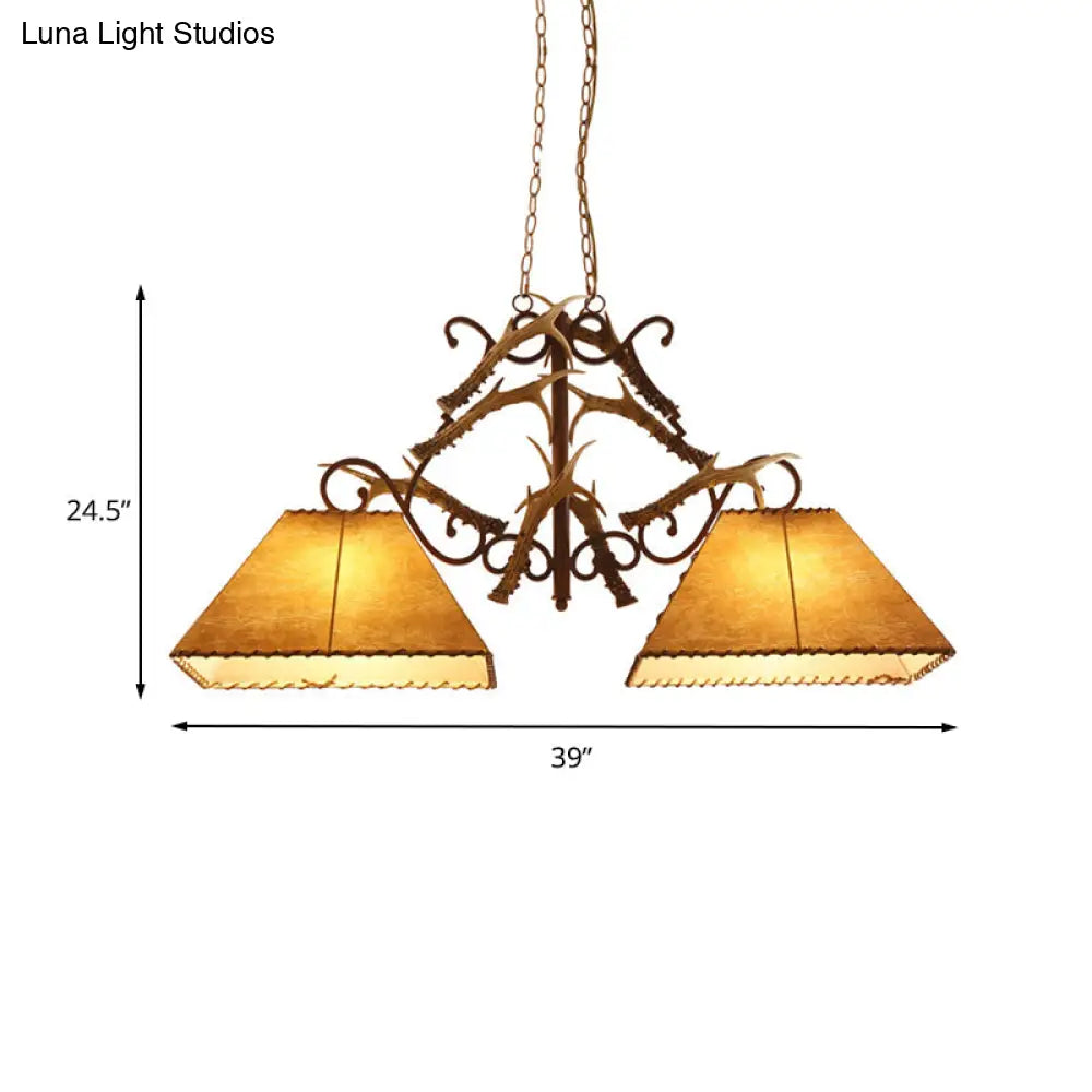 Traditional Brown Fabric Trapezoid Island Chandelier With 2 Heads - Perfect For Living Room