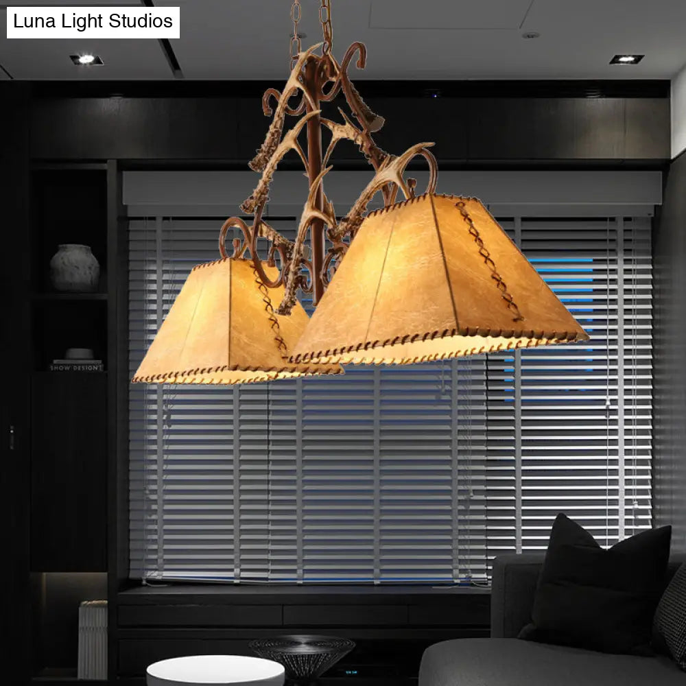 Traditional Brown Fabric Trapezoid Island Chandelier With 2 Heads - Perfect For Living Room