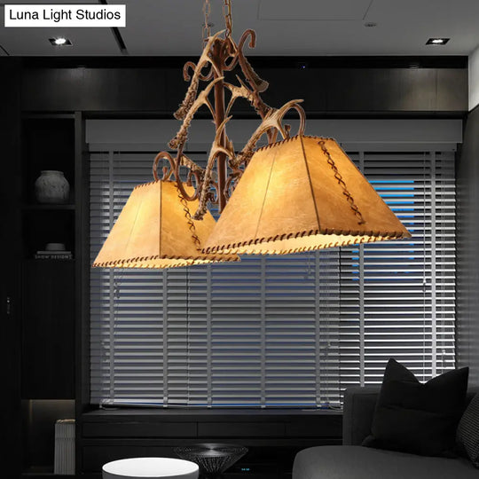 Traditional Brown Fabric Trapezoid Island Chandelier With 2 Heads - Perfect For Living Room