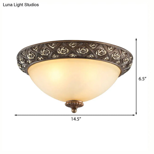 Traditional Brown Flush Light Fixture With Frosted Glass Bowl - 3 Lights Bedroom Ceiling Mount