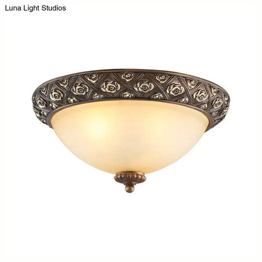 Traditional Brown Flush Light Fixture With Frosted Glass Bowl - 3 Lights Bedroom Ceiling Mount