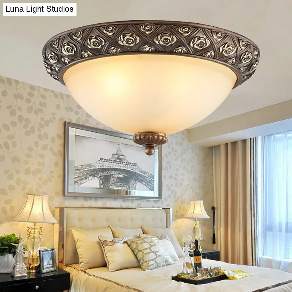 Traditional Brown Flush Light Fixture With Frosted Glass Bowl - 3 Lights Bedroom Ceiling Mount