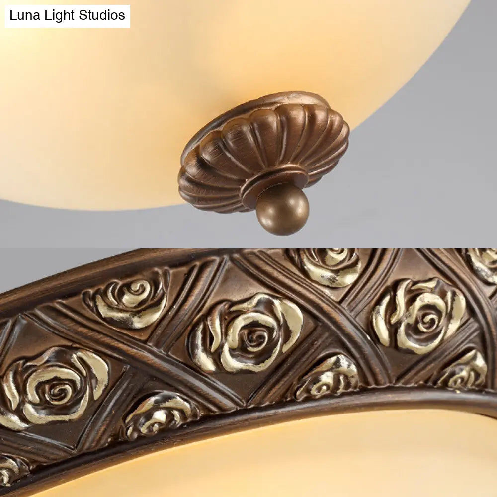Traditional Brown Flush Light Fixture With Frosted Glass Bowl - 3 Lights Bedroom Ceiling Mount