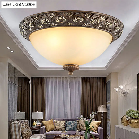 Traditional Brown Flush Light Fixture With Frosted Glass Bowl - 3 Lights Bedroom Ceiling Mount