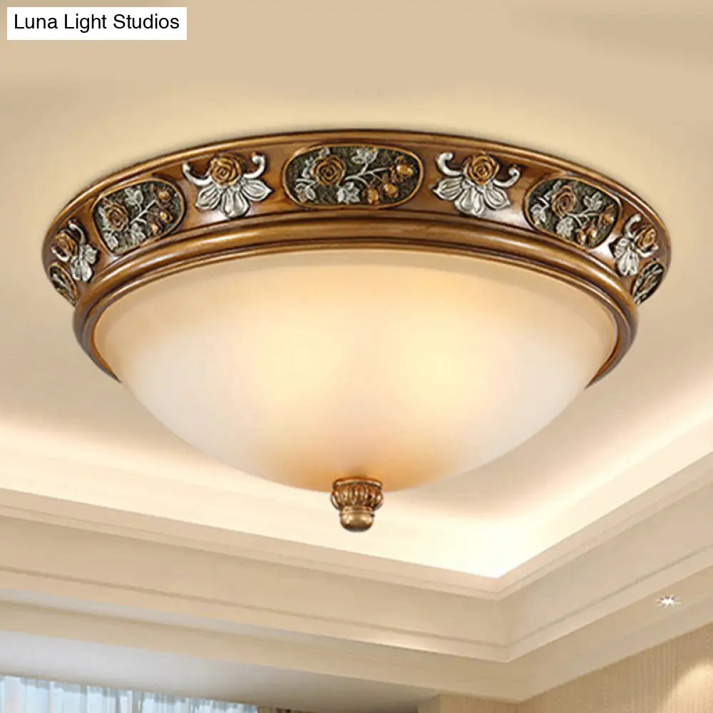 Traditional Brown Frosted Glass Bowl Ceiling Mount With 3 Lights For Bedroom Light