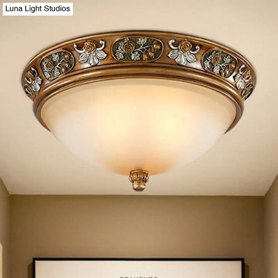 Traditional Brown Frosted Glass Bowl Ceiling Mount With 3 Lights For Bedroom Light