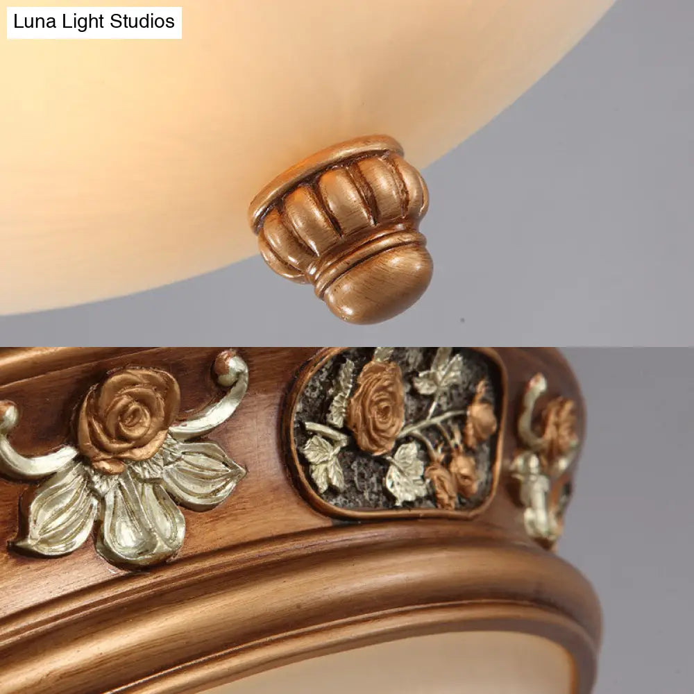 Traditional Brown Frosted Glass Bowl Ceiling Mount With 3 Lights For Bedroom Light