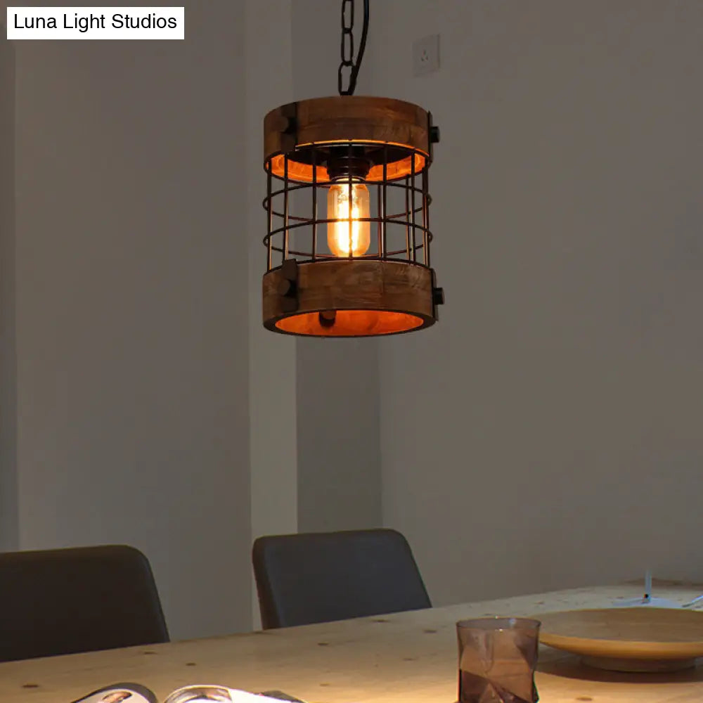 Traditional Brown Wood Barrel Pendant Lamp With Caged Hanging Ceiling Light - Perfect For Dining