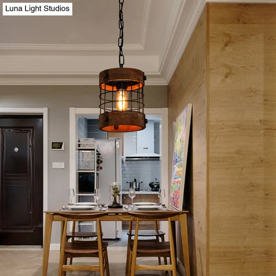 Traditional Brown Wood Barrel Pendant Lamp With Caged Hanging Ceiling Light - Perfect For Dining