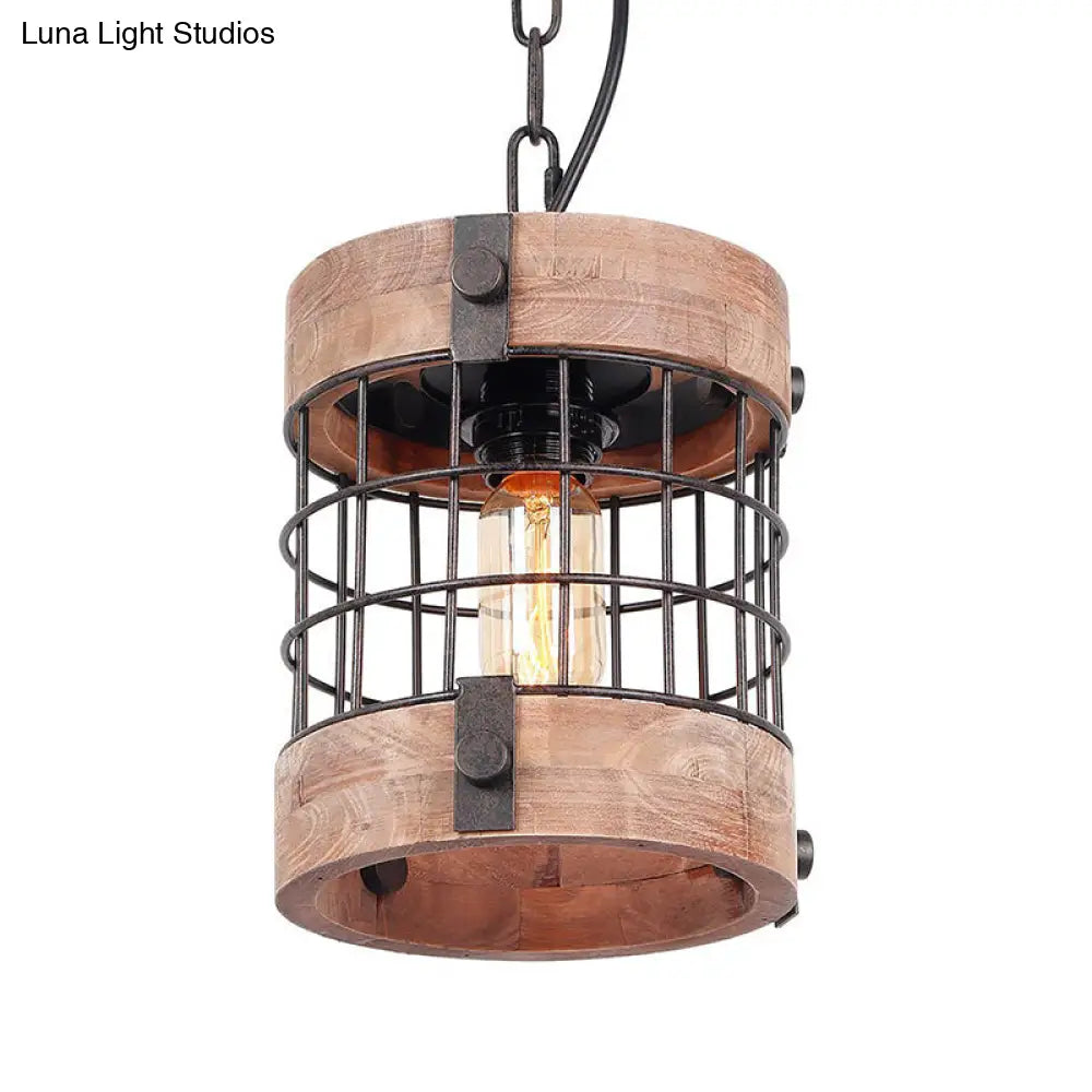 Traditional Brown Wood Barrel Pendant Lamp With Caged Hanging Ceiling Light - Perfect For Dining