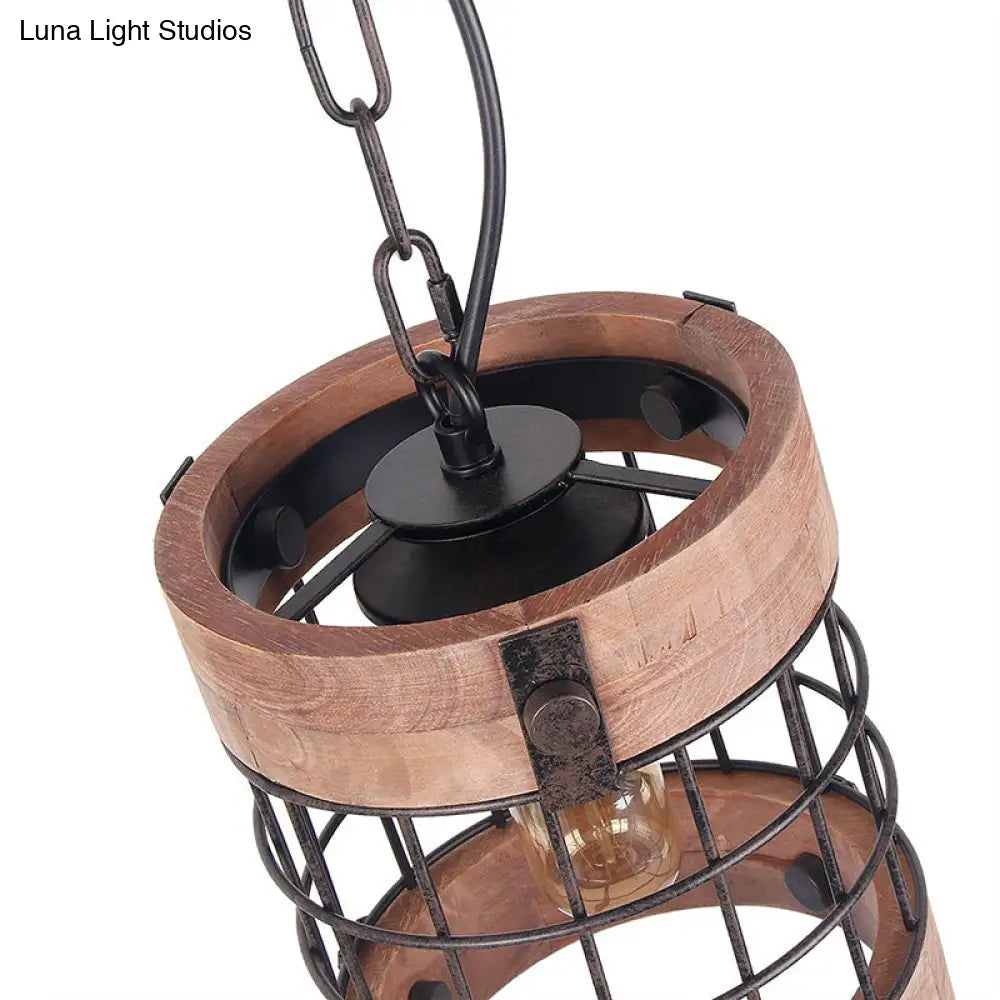 Traditional Brown Wood Barrel Pendant Lamp With Caged Hanging Ceiling Light - Perfect For Dining