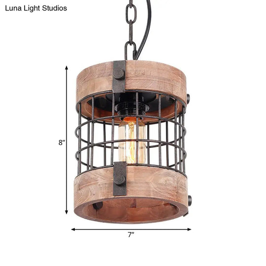 Traditional Brown Wood Barrel Pendant Lamp With Caged Hanging Ceiling Light - Perfect For Dining