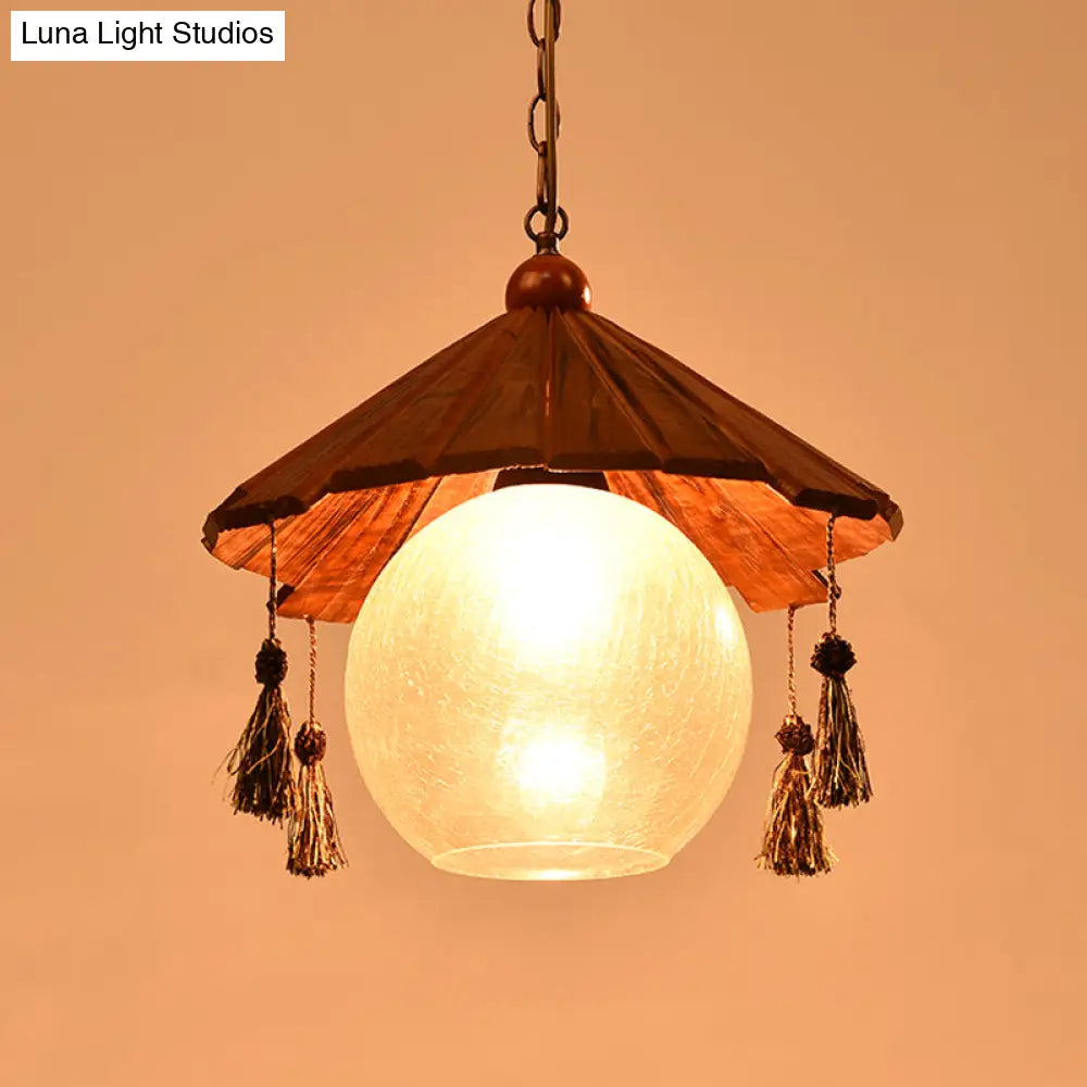 Traditional Brown Wood Ceiling Pendant With Clear Crackle Glass Shade