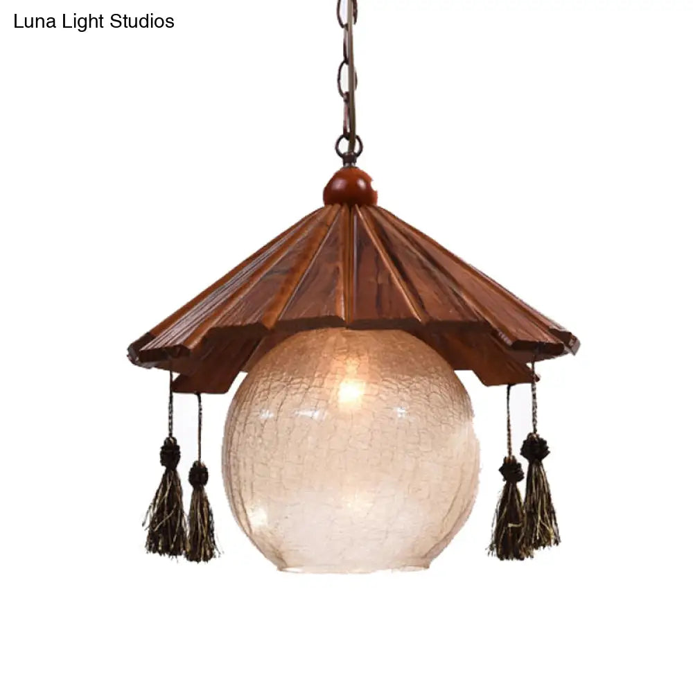 Traditional Brown Wood Ceiling Pendant With Clear Crackle Glass Shade