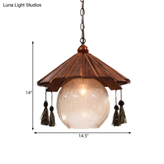 Traditional Brown Wood Ceiling Pendant With Clear Crackle Glass Shade