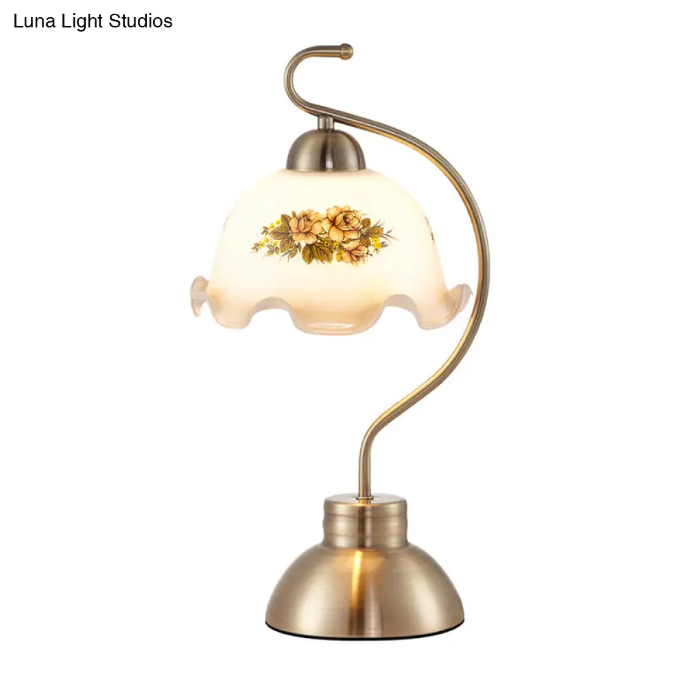 Traditional Brushed Brass 1-Head Night Light With Scalloped Milky Glass Ideal For Study Room