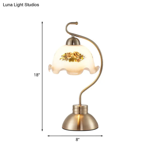 Traditional Brushed Brass 1-Head Night Light With Scalloped Milky Glass Ideal For Study Room