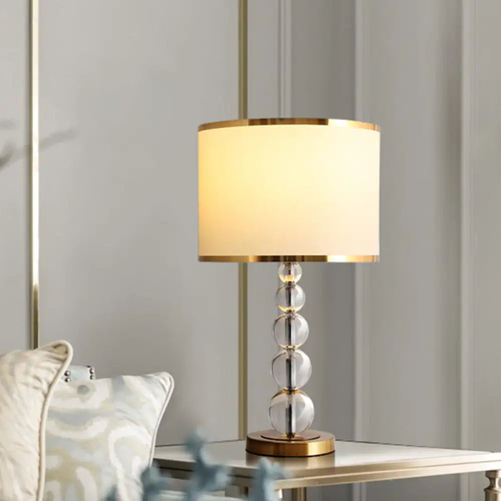 Traditional Burgundy/Beige Fabric Table Lamp With Crystal Post Drum Shade Nightstand Light Beige