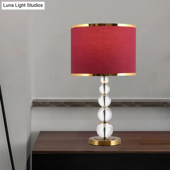 Traditional Burgundy/Beige Fabric Table Lamp With Crystal Post Drum Shade Nightstand Light